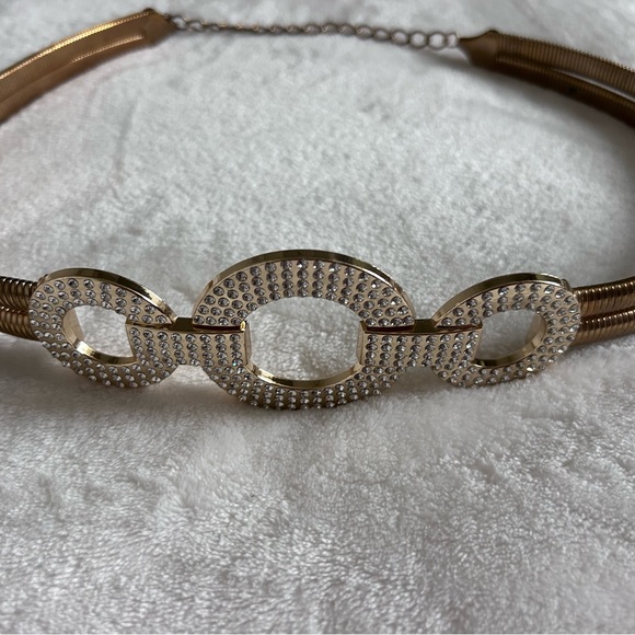 Gold Tone Rhinestone Embellished Circle Stretch Glam Statement Belt Women’s - Picture 9 of 11